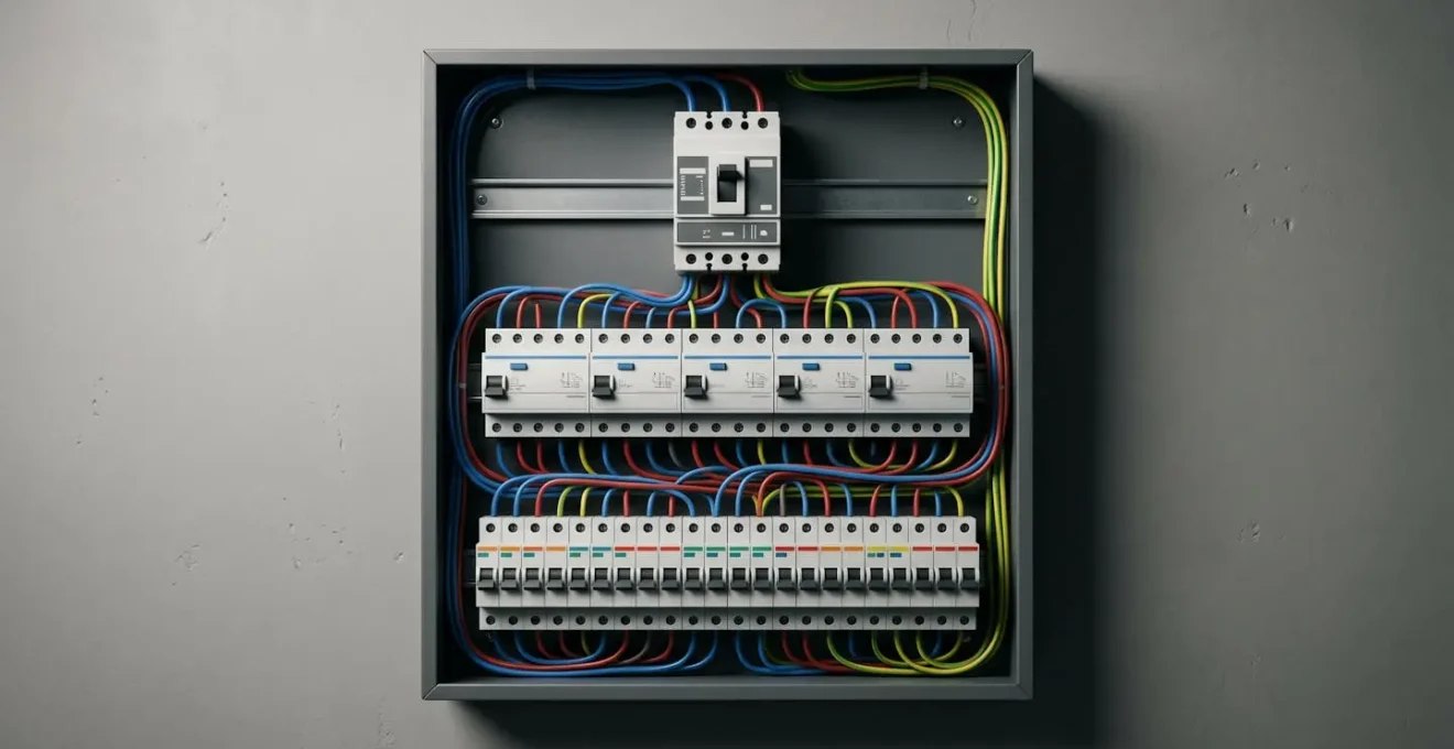 Vue d'ensemble d'un tableau électrique moderne montrant la hiérarchie des trois niveaux de protection pour illustrer la sectorisation de sécurité
