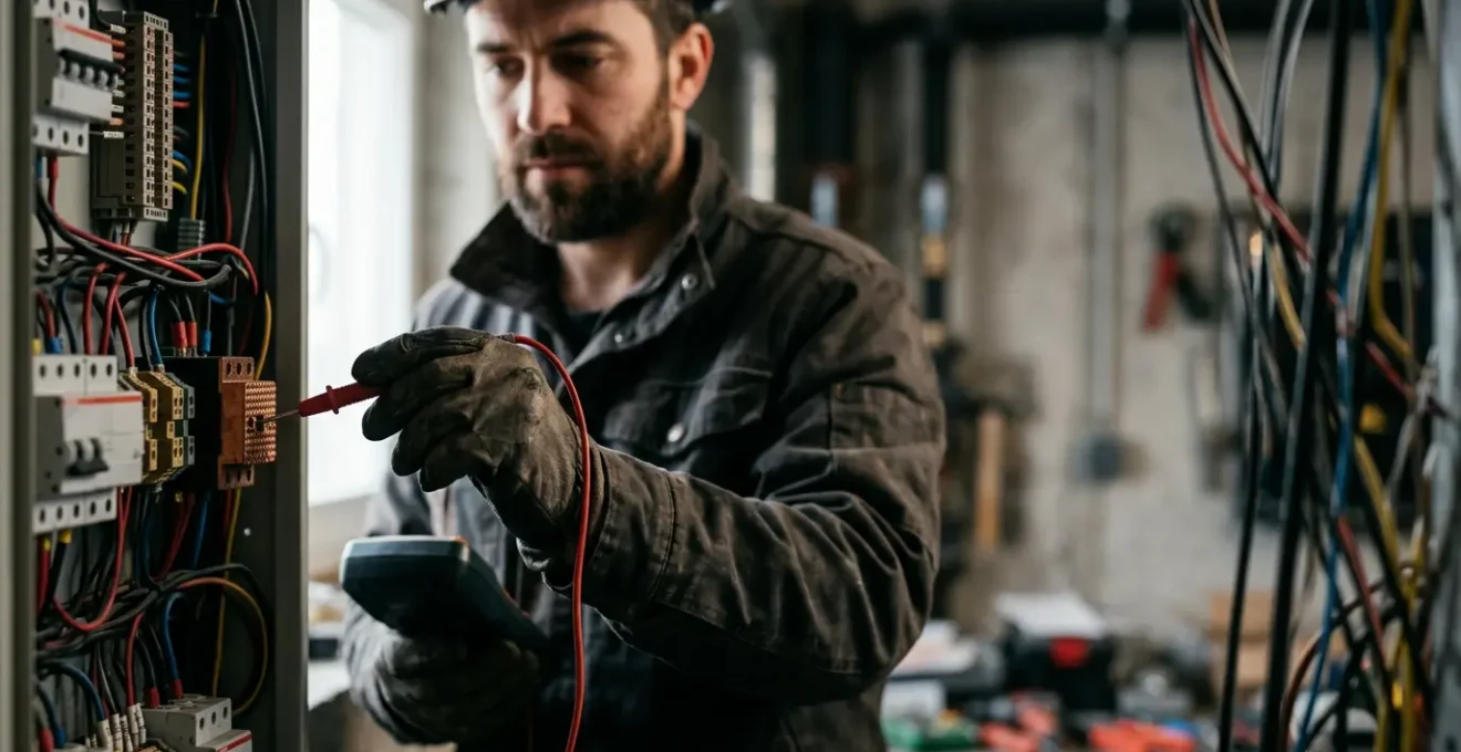Technicien électricien réalisant un diagnostic méthodique sur un tableau électrique avec un multimètre professionnel