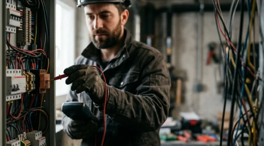 Technicien électricien réalisant un diagnostic méthodique sur un tableau électrique avec un multimètre professionnel