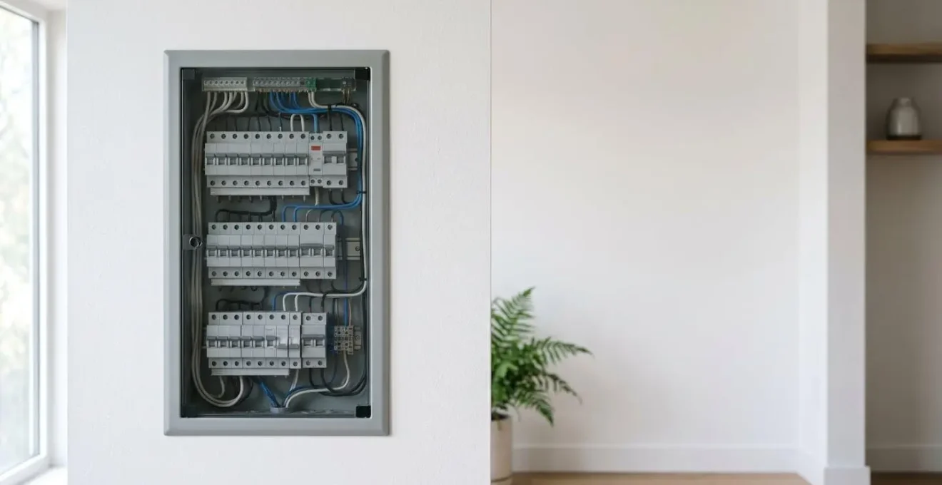 Installation électrique domestique moderne avec tableau électrique et câblage professionnel illustrant la sécurité à 230 volts