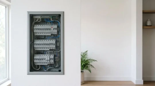 Installation électrique domestique moderne avec tableau électrique et câblage professionnel illustrant la sécurité à 230 volts