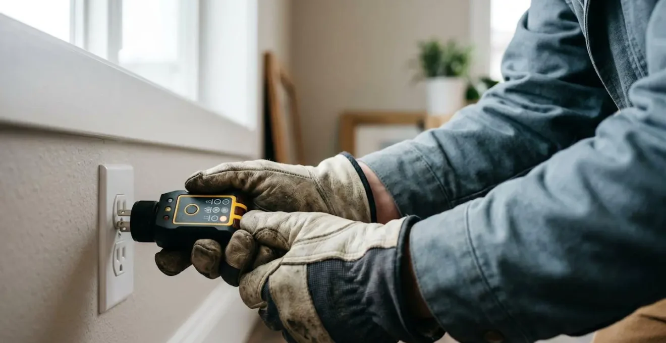 Testeur de prise électrique en action montrant la vérification de sécurité d'une installation domestique