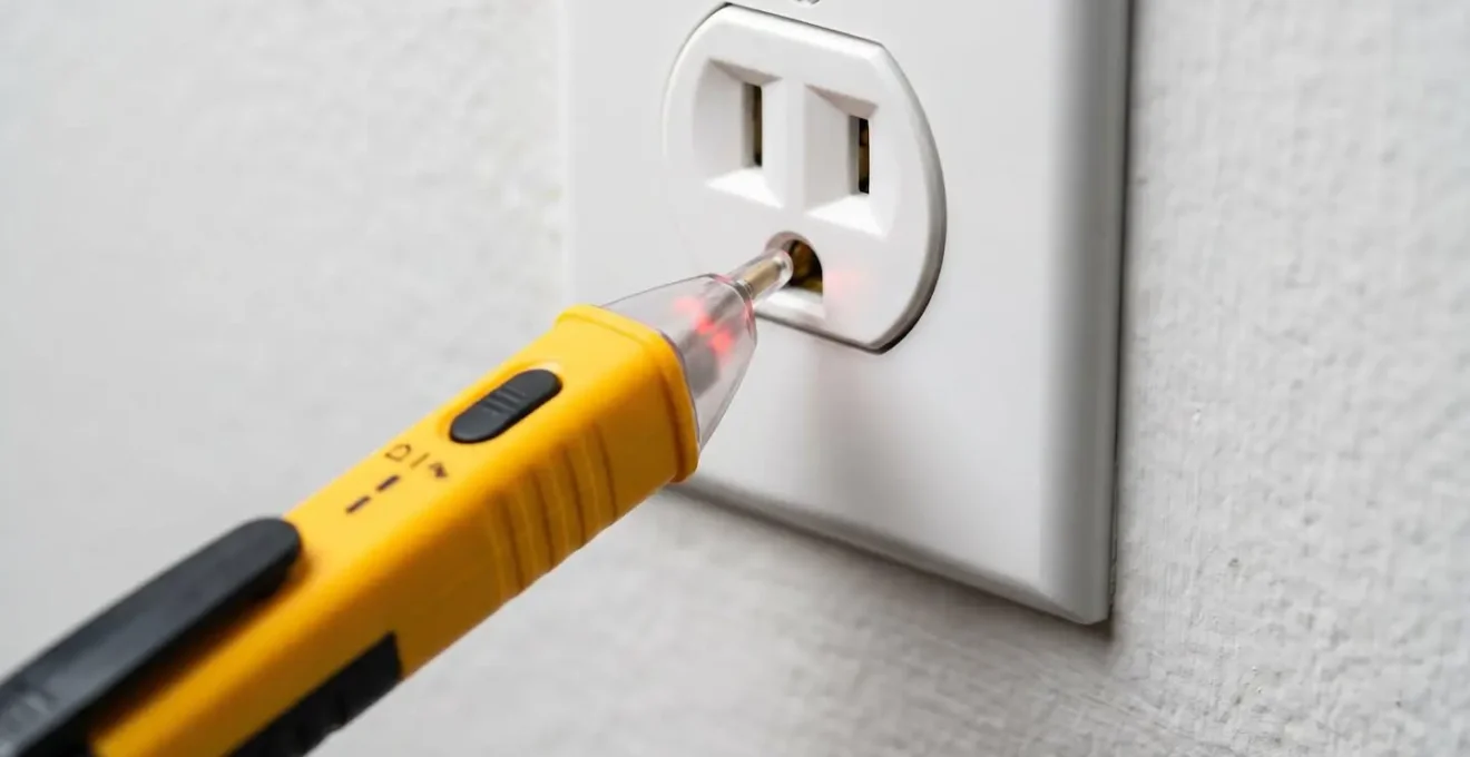 Testeur de tension sans contact de type stylo positionné près d'une prise murale pour vérification de sécurité électrique