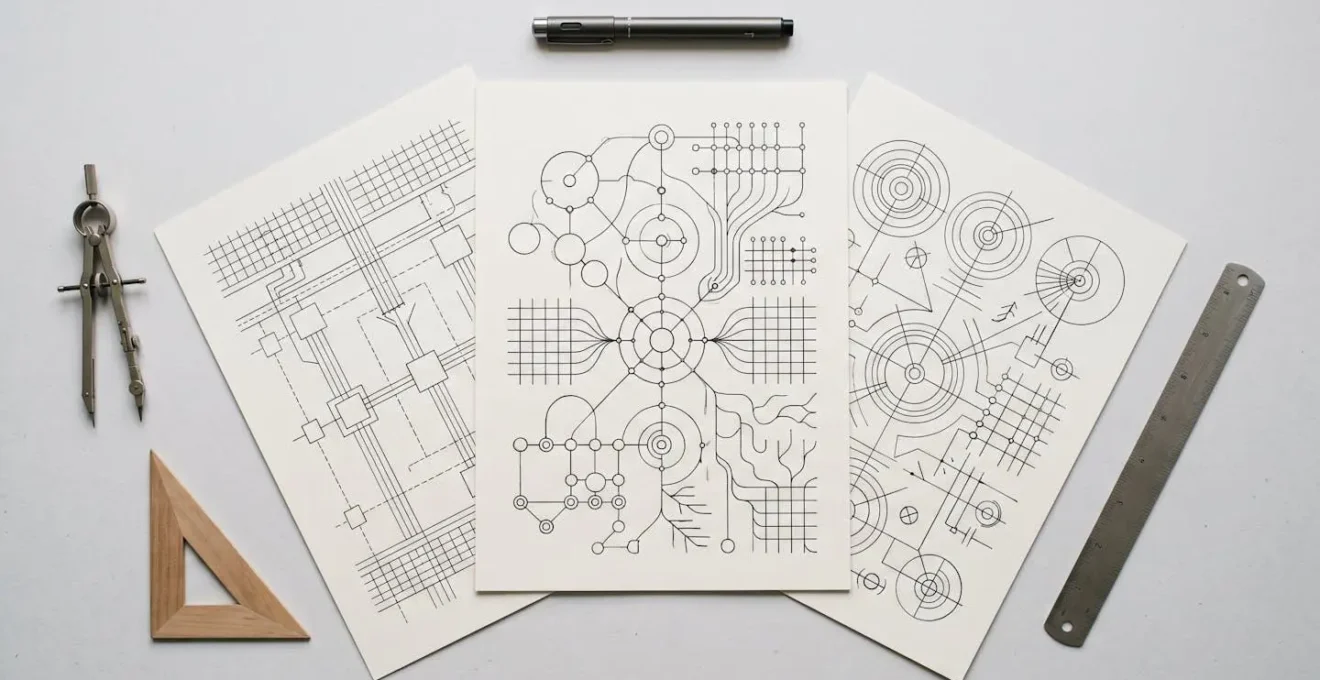 Composition symbolique de trois documents de plans électriques disposés en éventail avec outils de traçage professionnels
