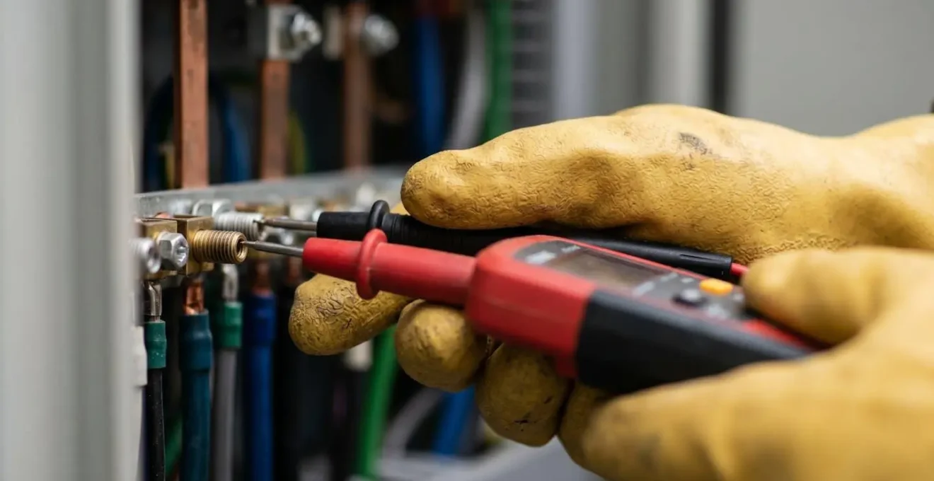 Gros plan sur l'utilisation d'un vérificateur d'absence de tension sur un tableau électrique