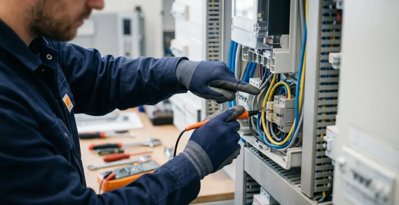 Intervention d'un technicien qualifié pour la vérification métrologique d'un compteur électrique dans un environnement professionnel sécurisé