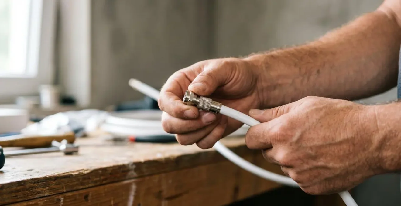 Gros plan sur les mains d'un technicien vérifiant la qualité d'un connecteur coaxial monté