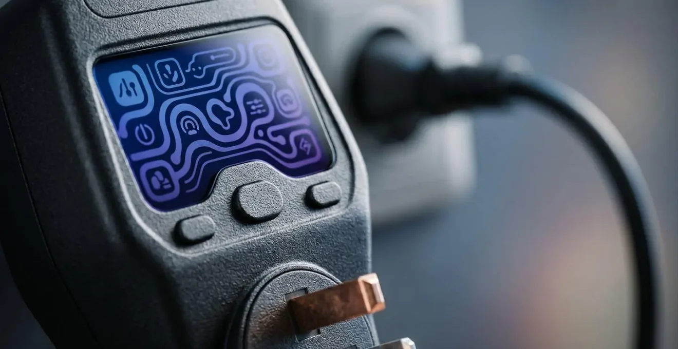 Gros plan d'un wattmètre numérique connecté entre une prise et un appareil domestique, affichant les données de consommation instantanée