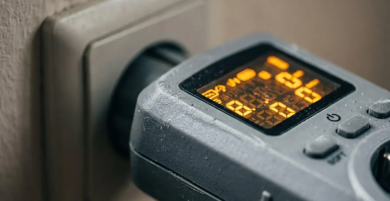 Gros plan sur un wattmètre numérique mesurant la consommation d'un appareil électroménager