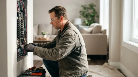 Professionnel électricien qualifié travaillant sur une installation électrique sécurisée