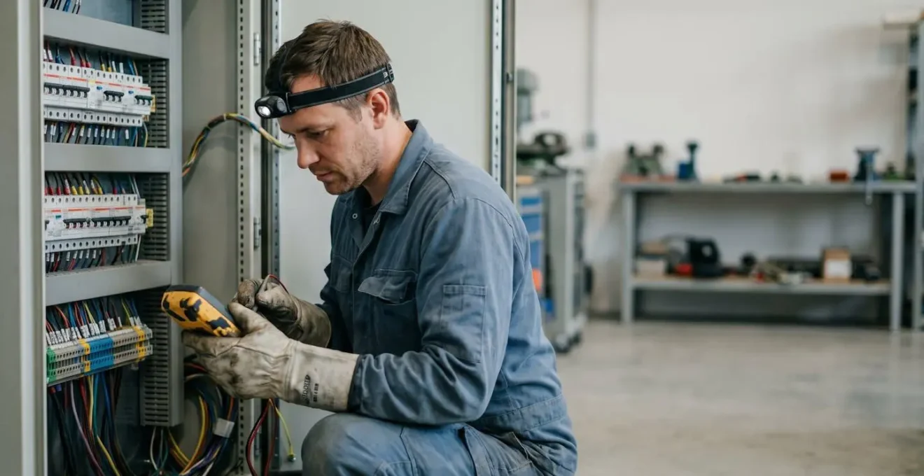 Électricien professionnel au travail sur une installation électrique dans un environnement moderne et sécurisé
