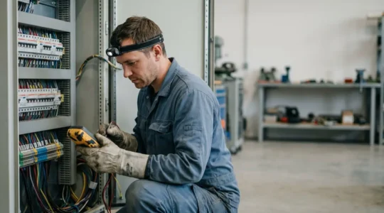 Électricien professionnel au travail sur une installation électrique dans un environnement moderne et sécurisé