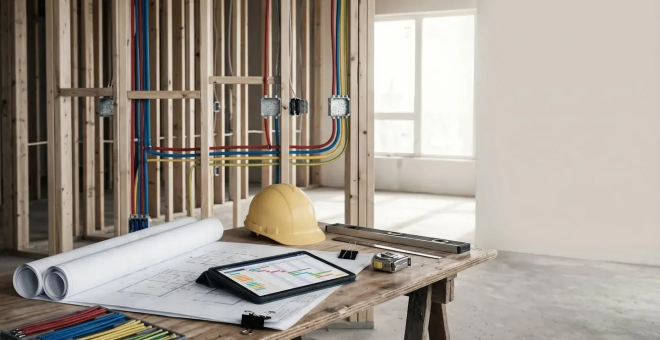 Organisation méthodique d'un chantier électrique professionnel avec outils de planification et coordination