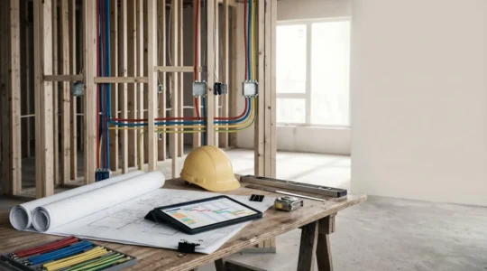Organisation méthodique d'un chantier électrique professionnel avec outils de planification et coordination